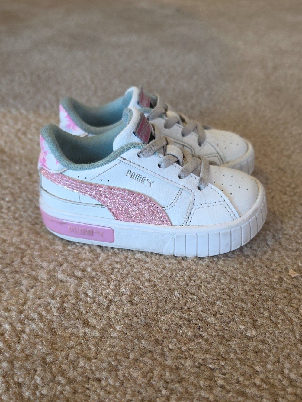 Puma Toddler White Sneakers with Pink Glitter Stripe